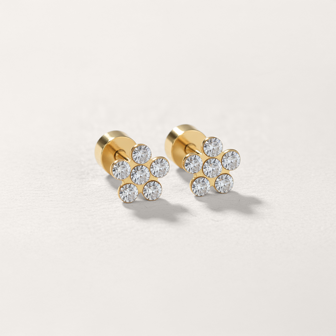 Cubic Zirconia Flower Hypoallergenic Flat Back Stud Earrings