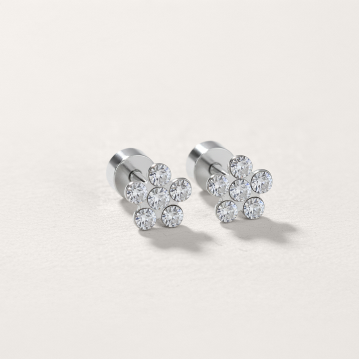 Cubic Zirconia Flower Hypoallergenic Flat Back Stud Earrings